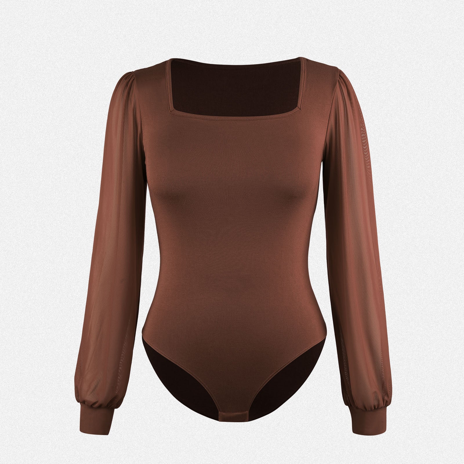 Shaperin Elegant Square Neck Sheer Puff Sleeves Bodysuit Top