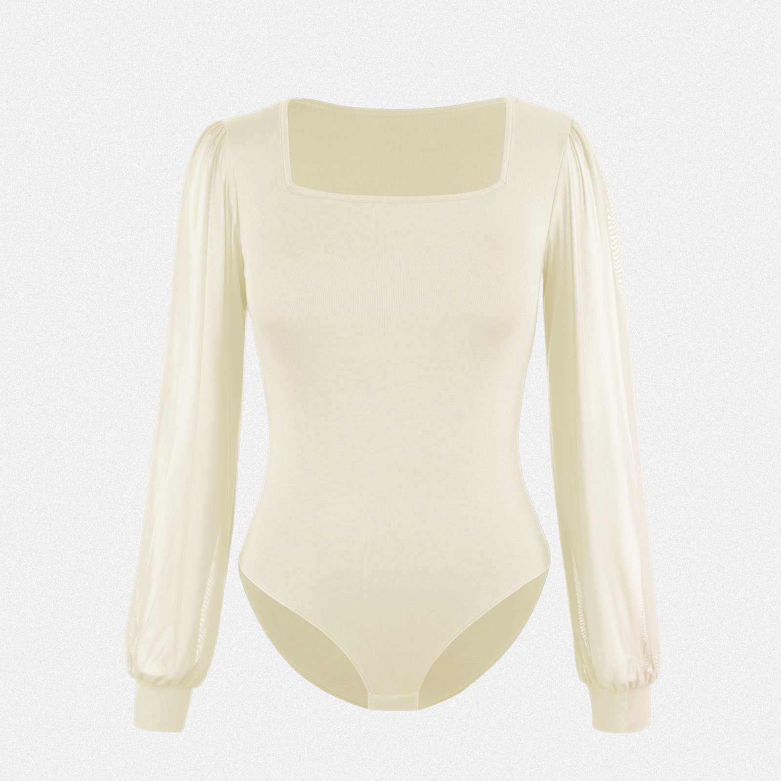 Shaperin Elegant Square Neck Sheer Puff Sleeves Bodysuit Top