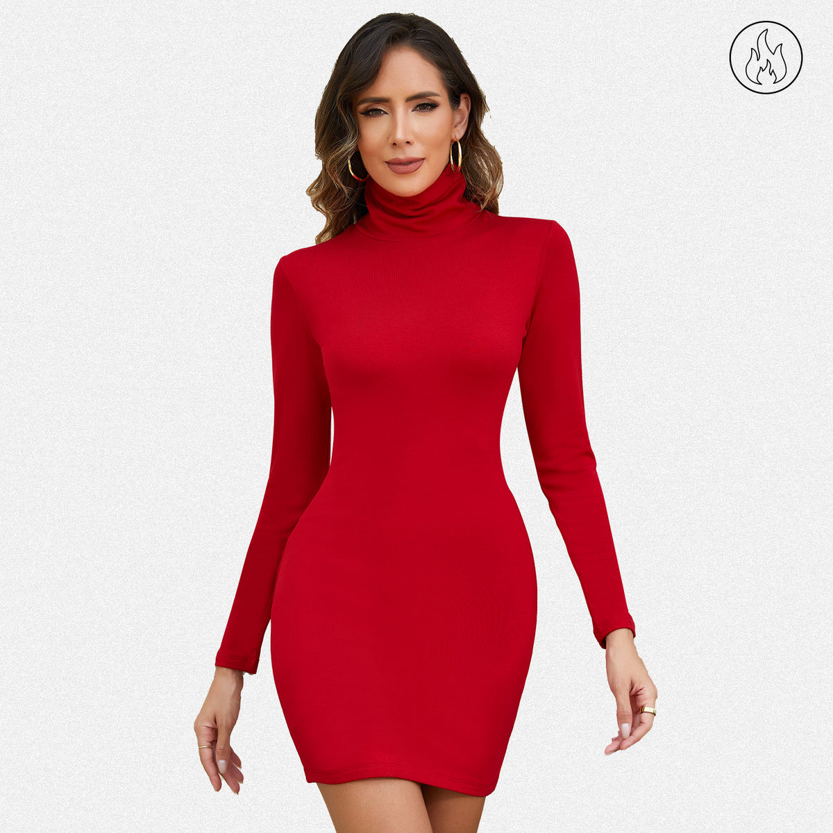 Shaperin High Turtleneck Fleece Lined Ribbed Long Sleeve Bodycon Dress Red / XL