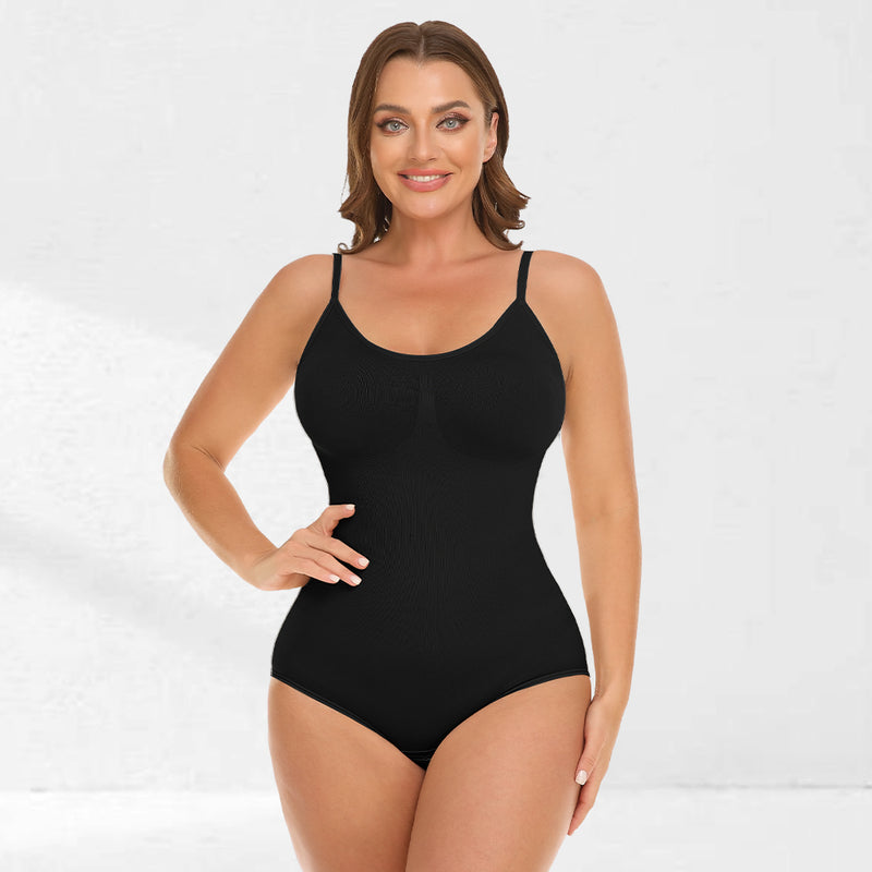 SHAPERIN Rugvrij vormende bodysuit voor dames, shapewear, buikweg-body met push-up-beha, volledige body shaper, diepe U-hals, zwart 1#, S