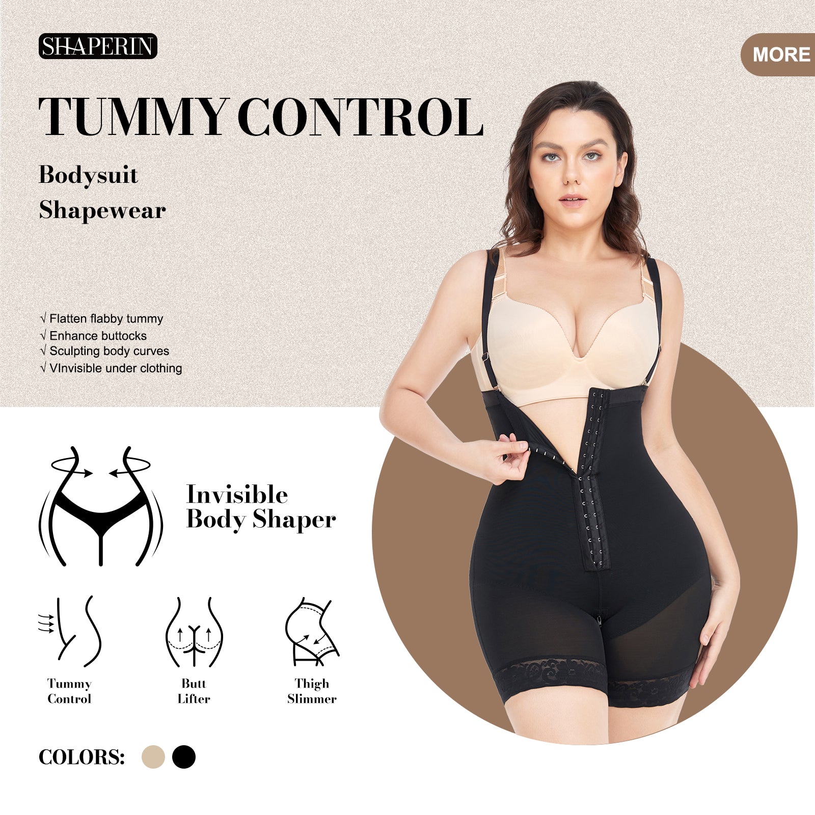 Shaperin Tummy Control Fajas Colombianas Open Bust Bodysuit