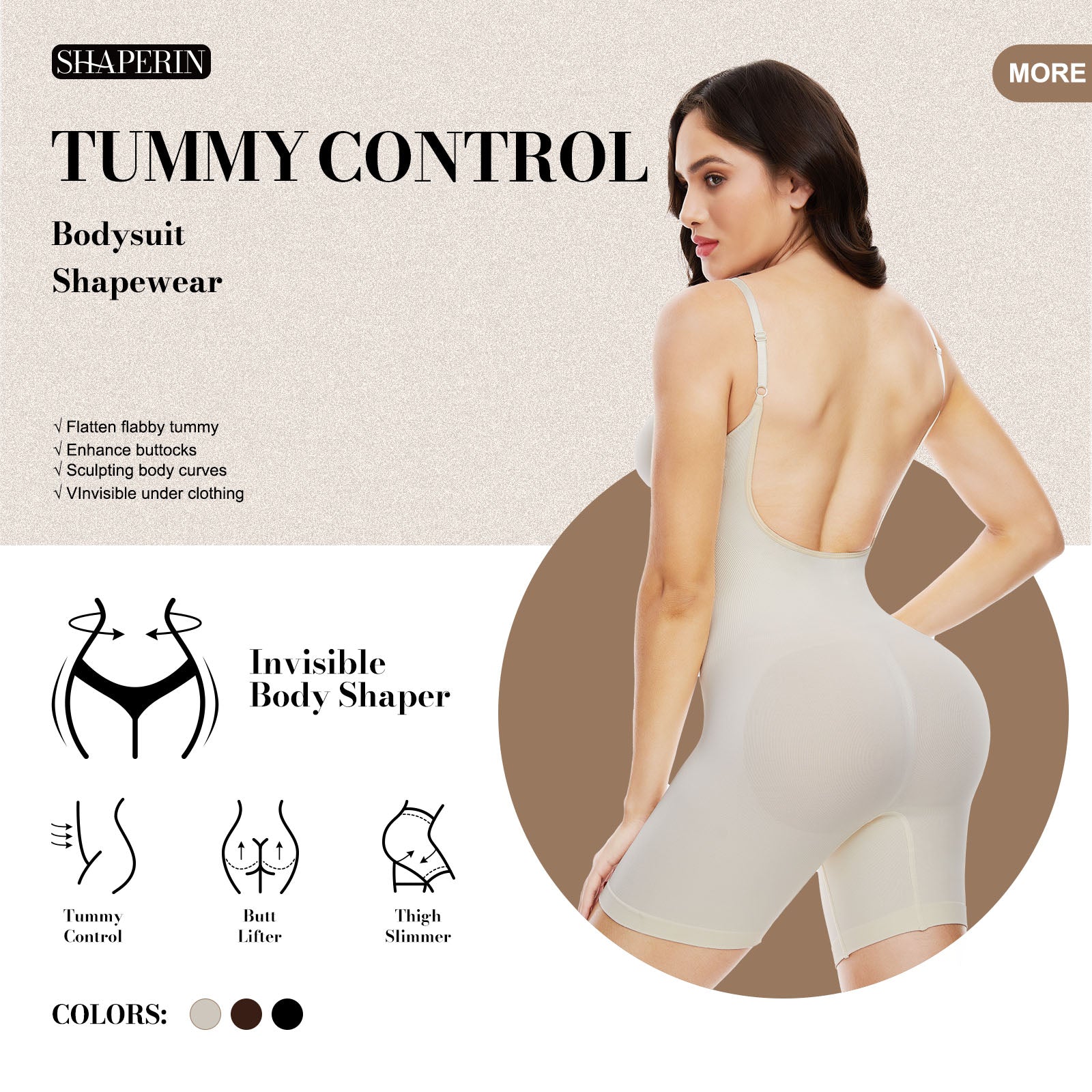 SHAPERIN Thong Bodysuit Shapewear for Women Tummy Control Fajia Backless  Body Shaper Built-in Bra