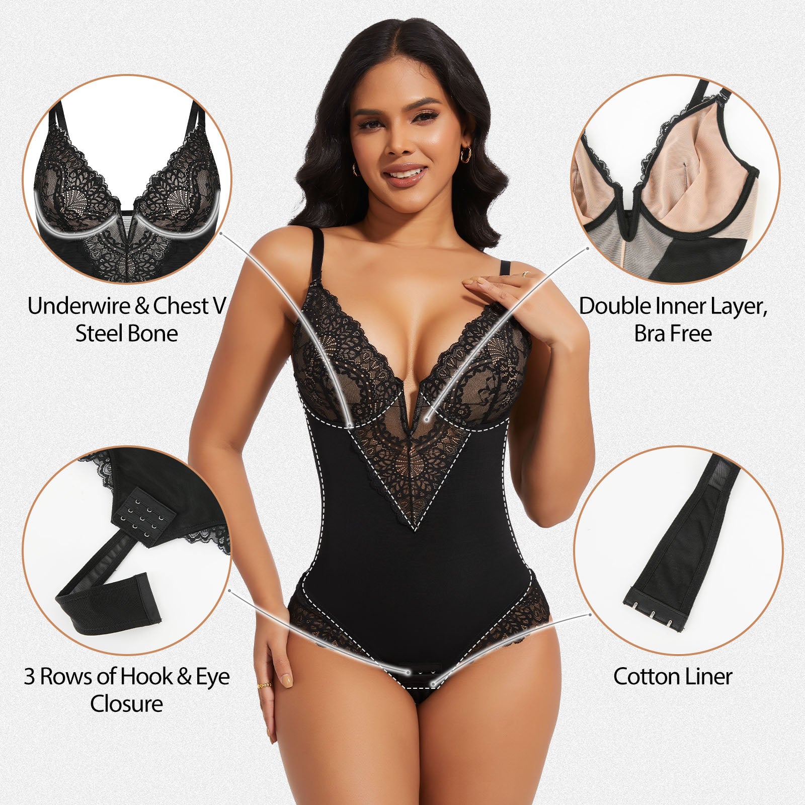 Shaperin Lace Deep-V Neck Shapewear Bodysuit