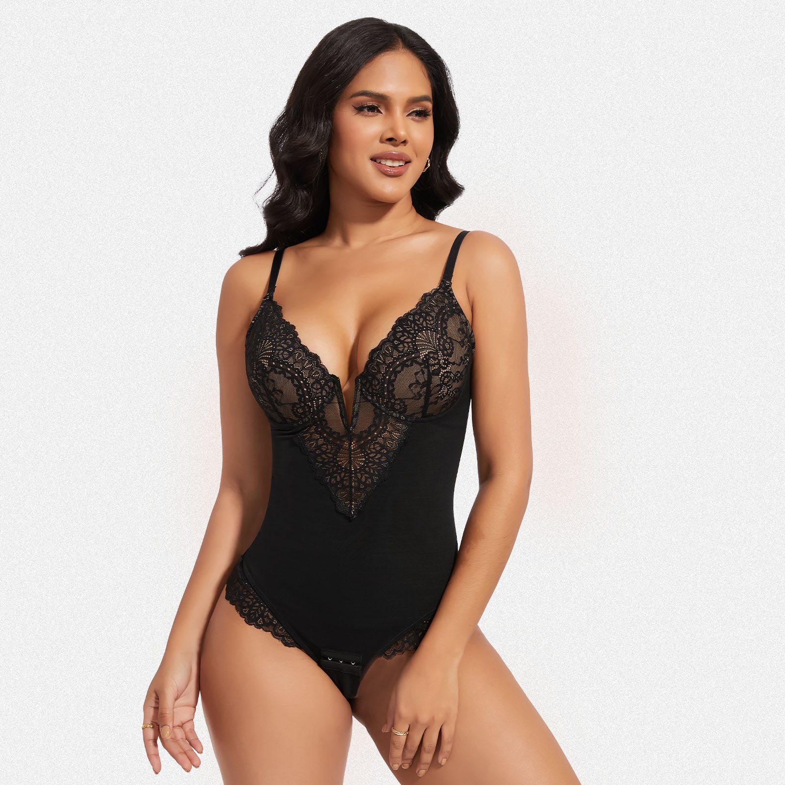 Shaperin Lace Deep-V Neck Shapewear Bodysuit