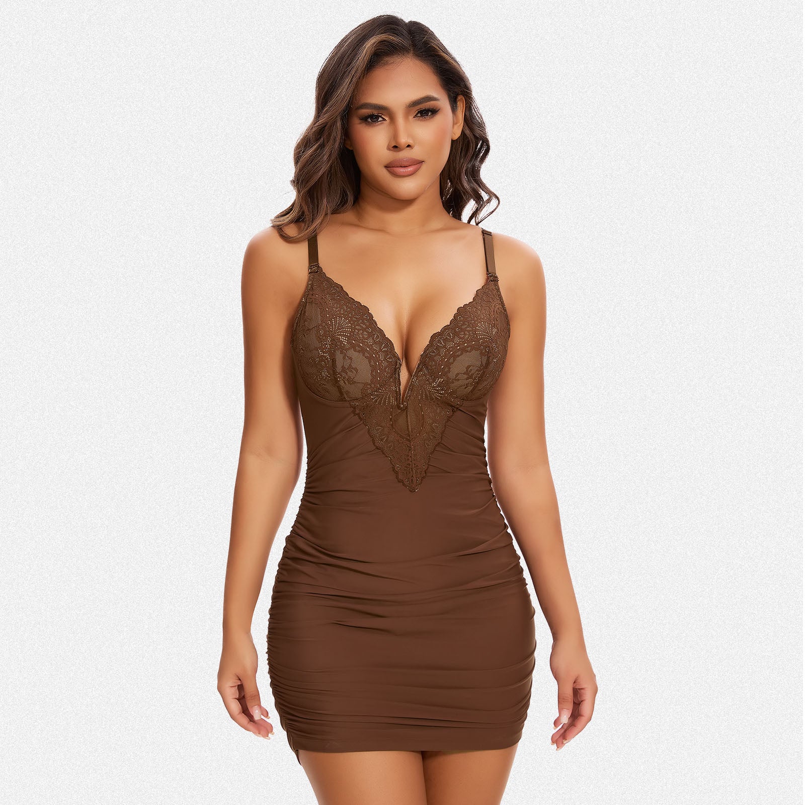 Shaperin Shapewear Dress Deep V Neck Lace Bodycon Mini Dress Red / S