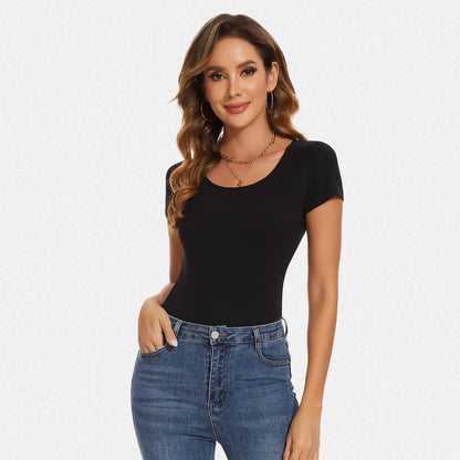 Shaperin Round Neck Short Sleeve Bodysuit Tops