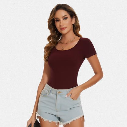 Shaperin Round Neck Short Sleeve Bodysuit Tops