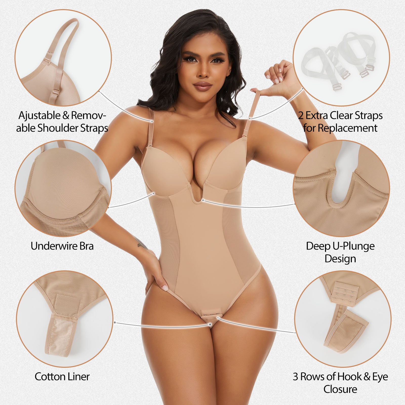 Shaperin Backless U Plunge Thong Shapewear Bodysuit