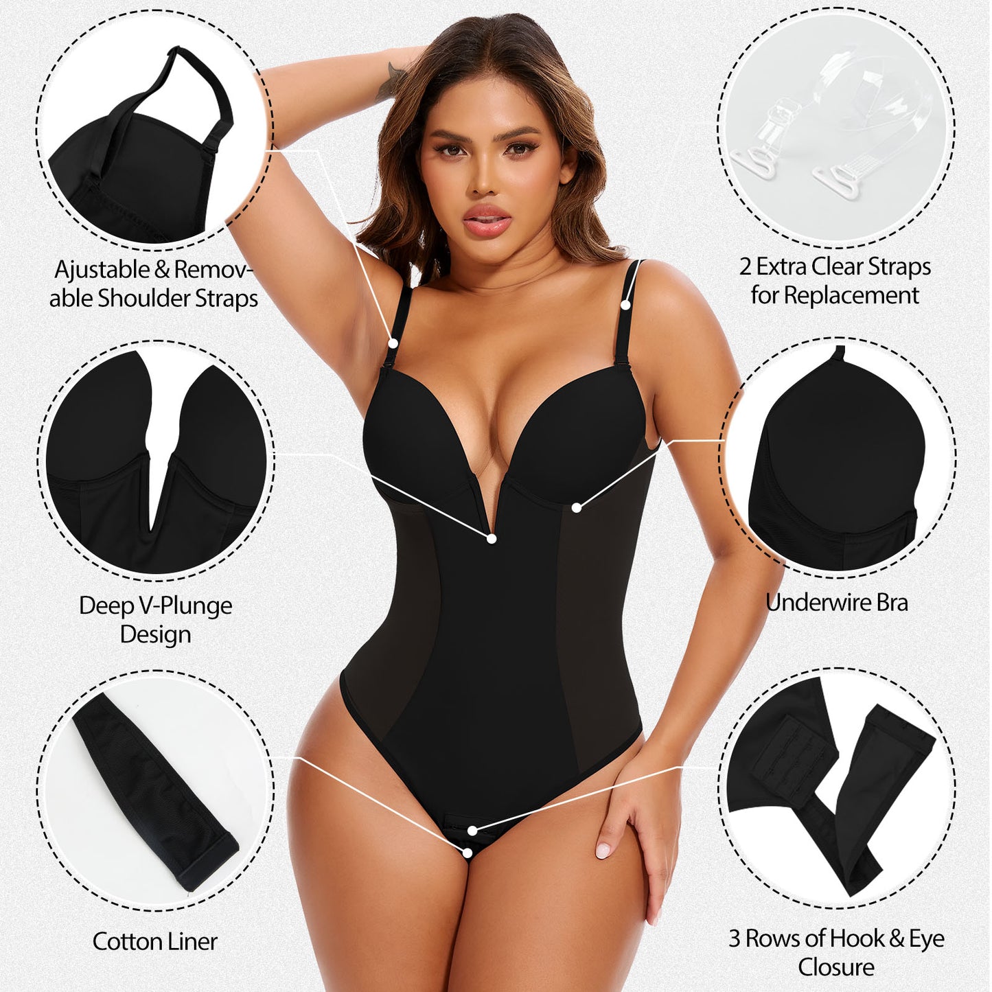 Shaperin Deep V Plunge Low Back Thong Shapewear Tummy Control Bodysuit