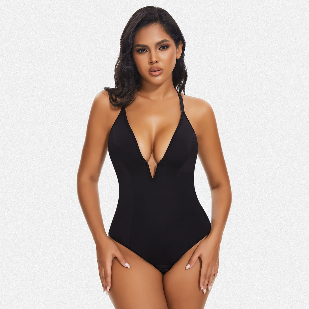 SHAPERIN Bodysuit voor dames, figuurvormend, blote rug, onzichtbaar, string, bodysuit, platte buik met push-up-beha, Zwart, XXL