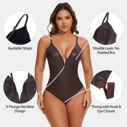 Shaperin Faux Leather Deep V Neck Shapewear Sculpting Bodysuit