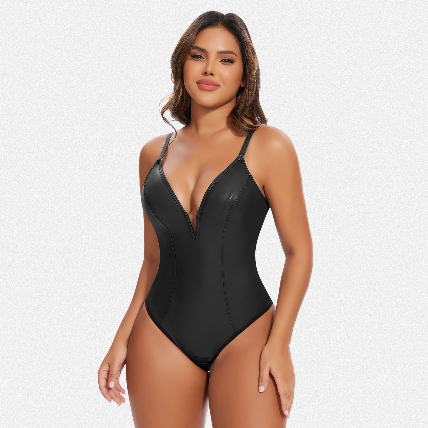 Shaperin Faux Leather Deep V Neck Shapewear Sculpting Bodysuit