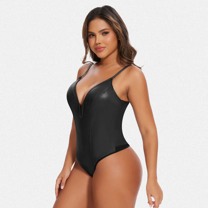 Shaperin Faux Leather Deep V Neck Shapewear Sculpting Bodysuit