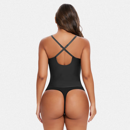 Shaperin Faux Leather Deep V Neck Shapewear Sculpting Bodysuit