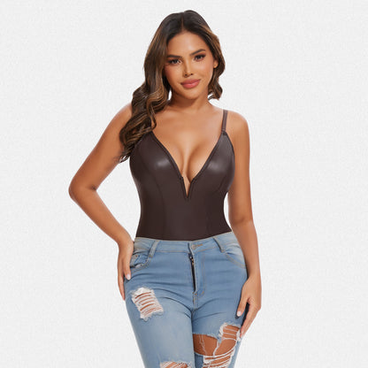 Shaperin Faux Leather Deep V Neck Shapewear Sculpting Bodysuit