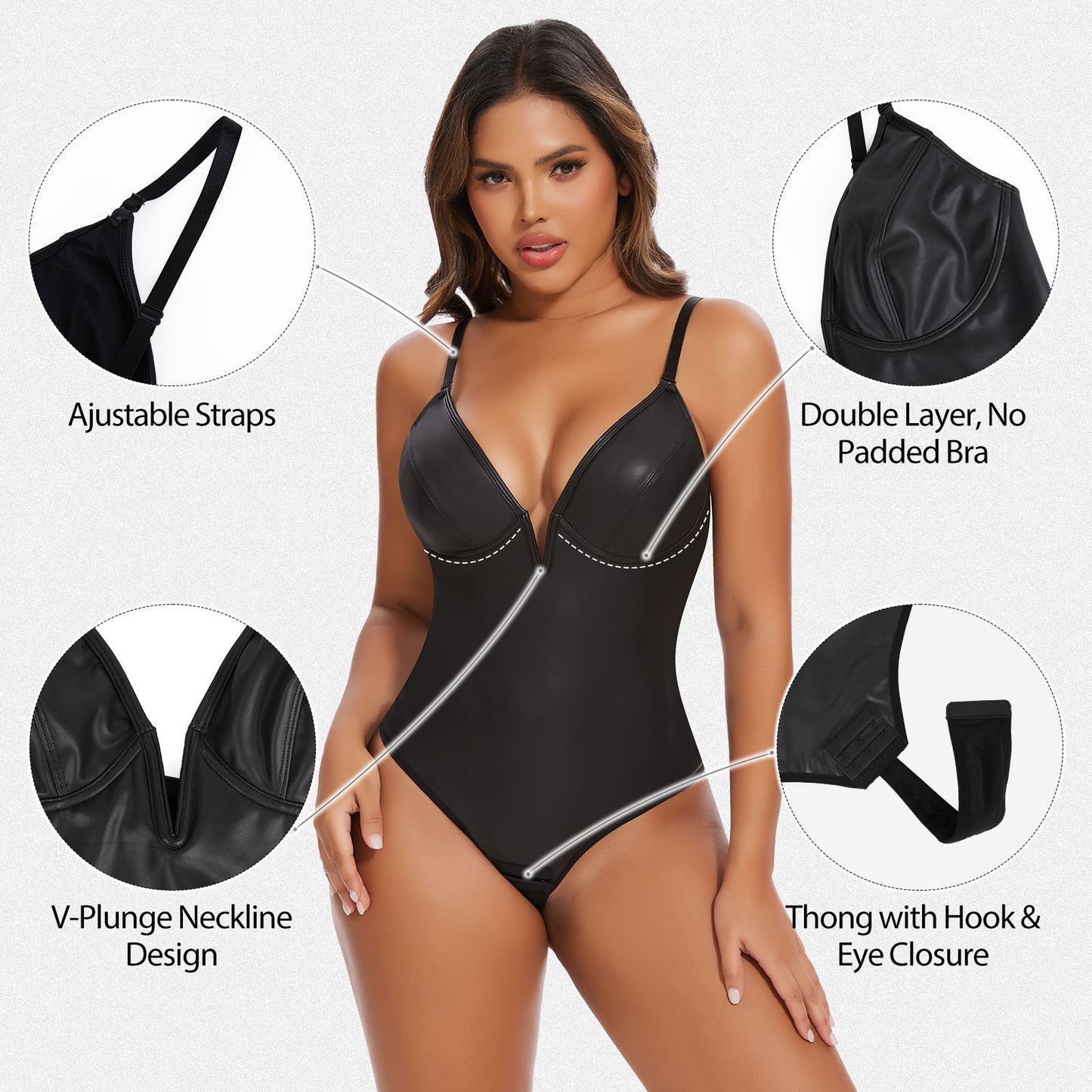 Shaperin Faux Leather Deep V Neck Shapewear Corset Bodysuit