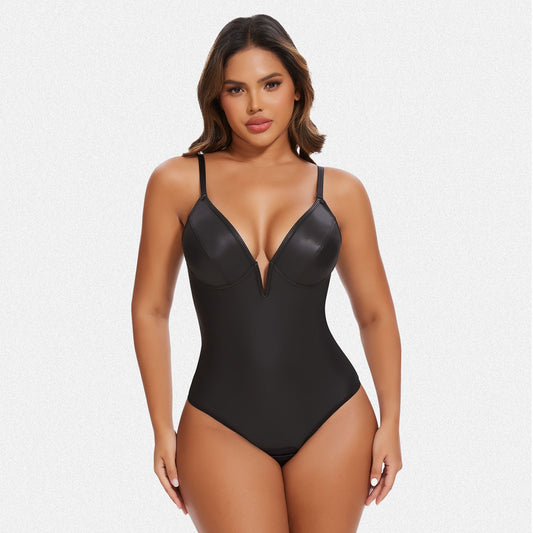 Shaperin Faux Leather Deep V Neck Shapewear Corset Bodysuit