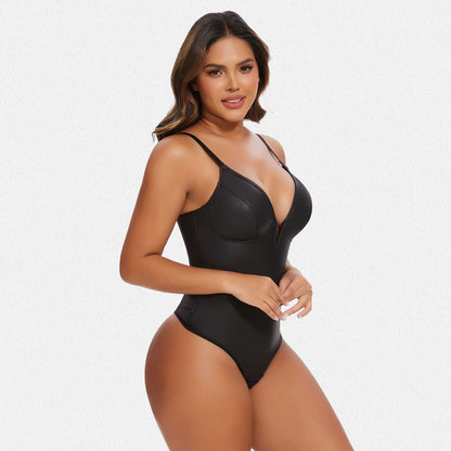 Shaperin Faux Leather Deep V Neck Shapewear Corset Bodysuit