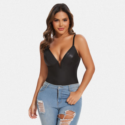 Shaperin Faux Leather Deep V Neck Shapewear Corset Bodysuit