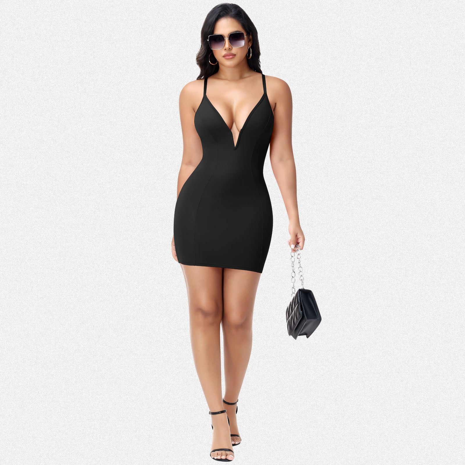Shaperin Deep V Bodycon Dress Built-In Shapewear Stretch Mini Dress Black / S