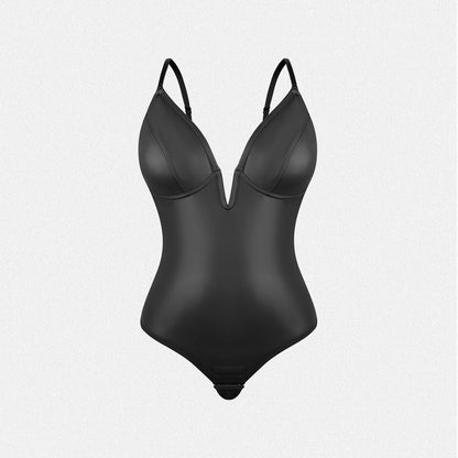 Shaperin Faux Leather Deep V Neck Shapewear Corset Bodysuit