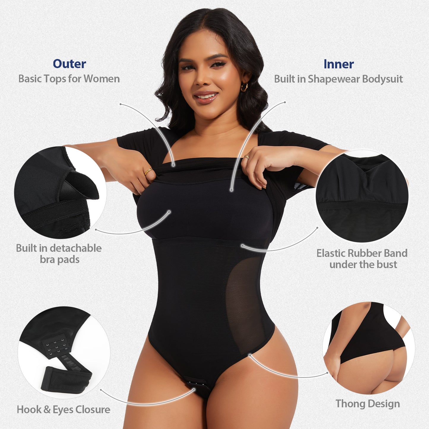 Shaperin Built-In Shapewear Bodysuit 3-In-1 Short Sleeve Top