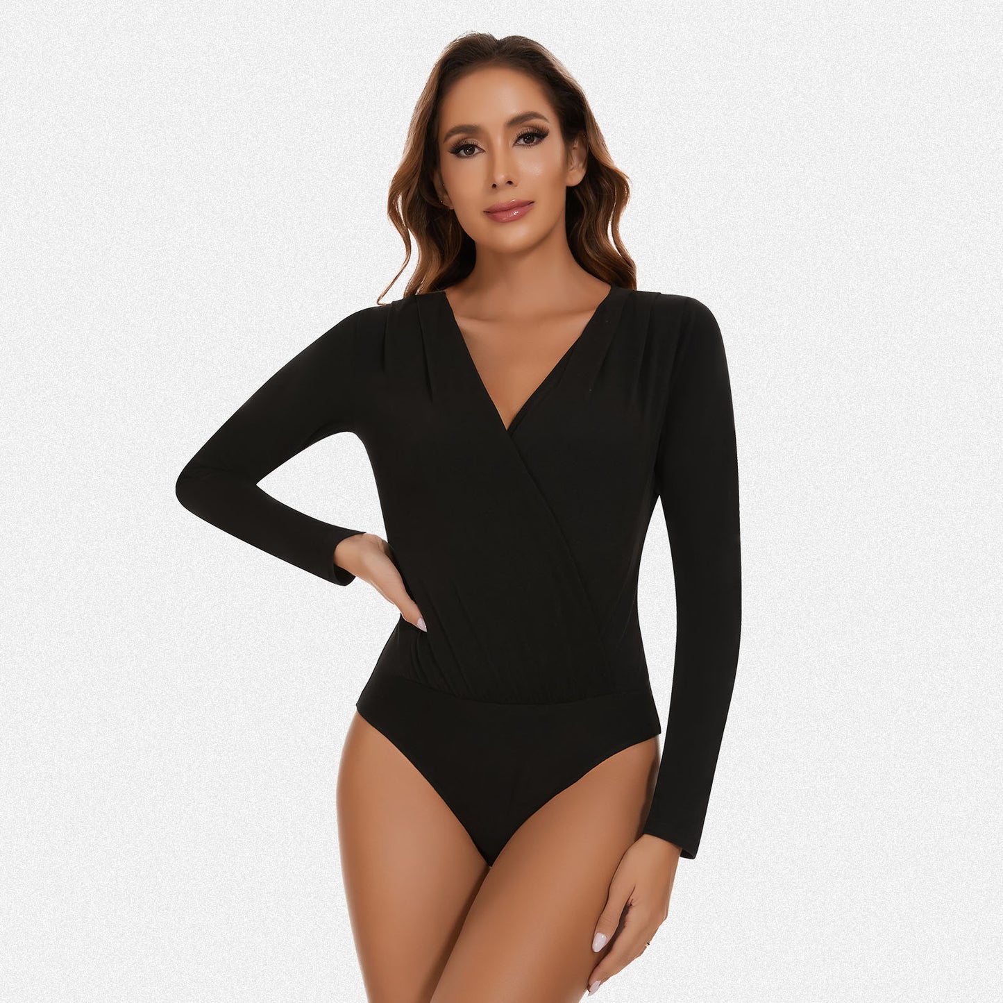 Shaperin Deep V Neck Ruched Long Sleeve Bodysuit Top