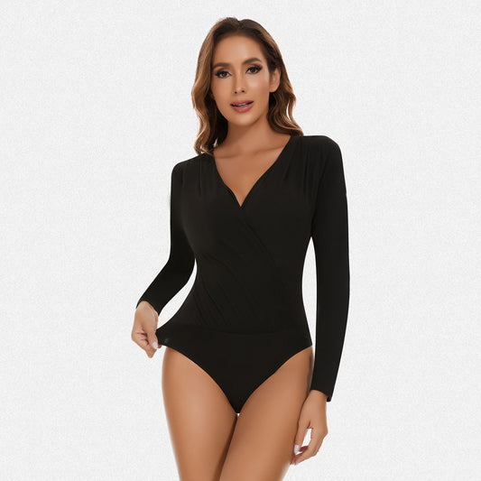 Shaperin Deep V Neck Ruched Long Sleeve Bodysuit Top