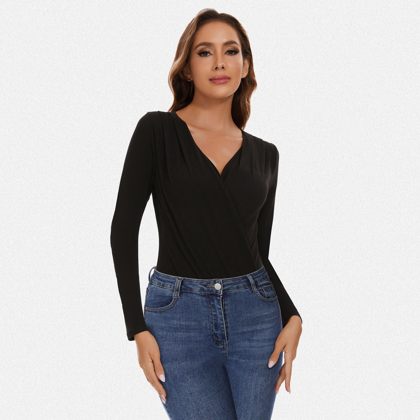 Shaperin Deep V Neck Ruched Long Sleeve Bodysuit Top