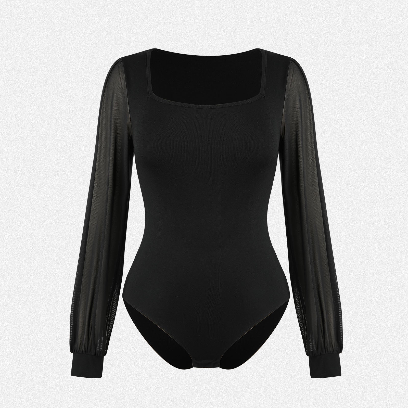 Shaperin Elegant Square Neck Sheer Puff Sleeves Bodysuit Top