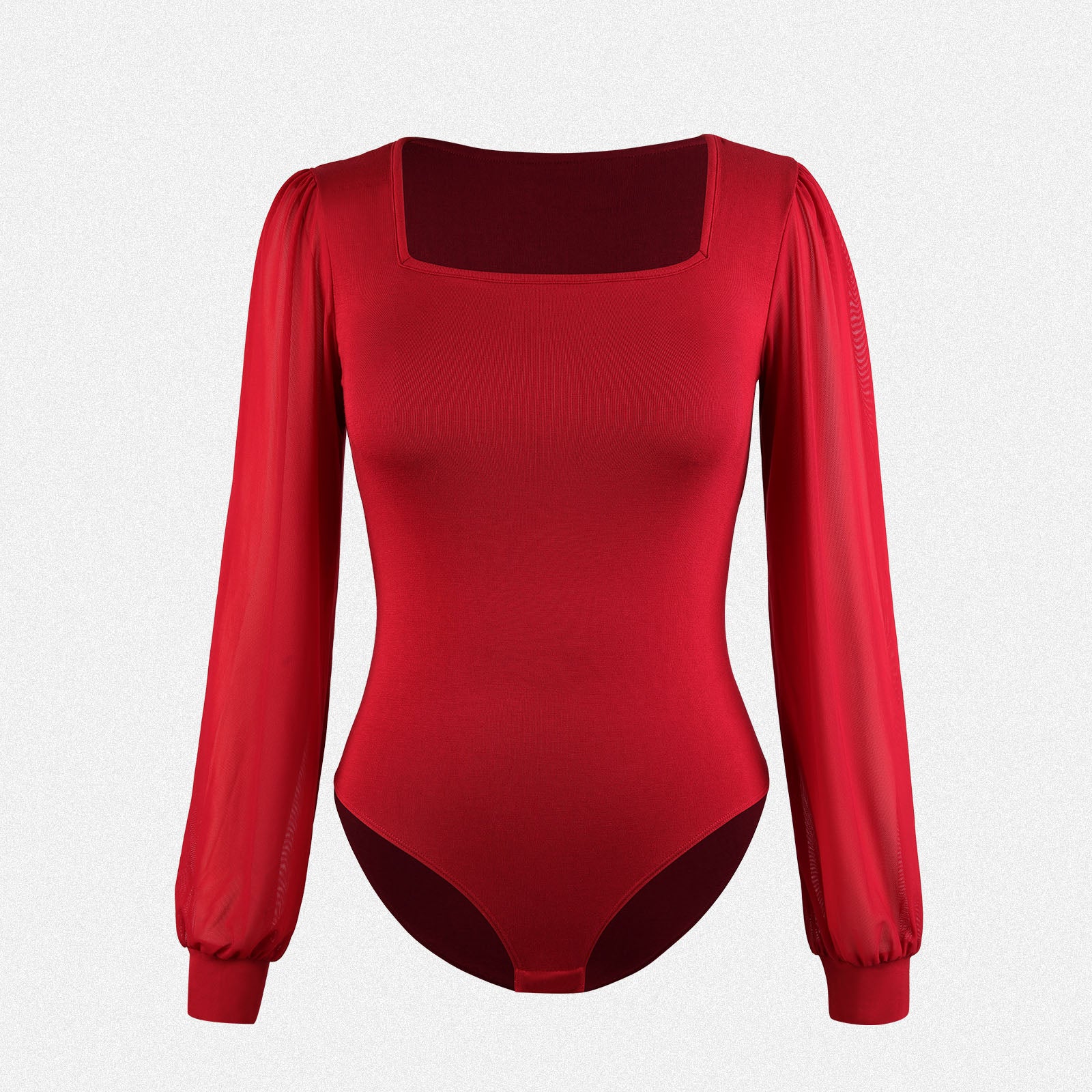 Shaperin Elegant Square Neck Sheer Puff Sleeves Bodysuit Top