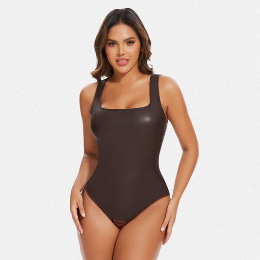 Shaperin Faux Leather Square Neck Shapewear Sculpting Bodysuit