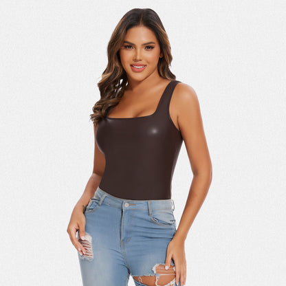 Shaperin Faux Leather Square Neck Shapewear Sculpting Bodysuit