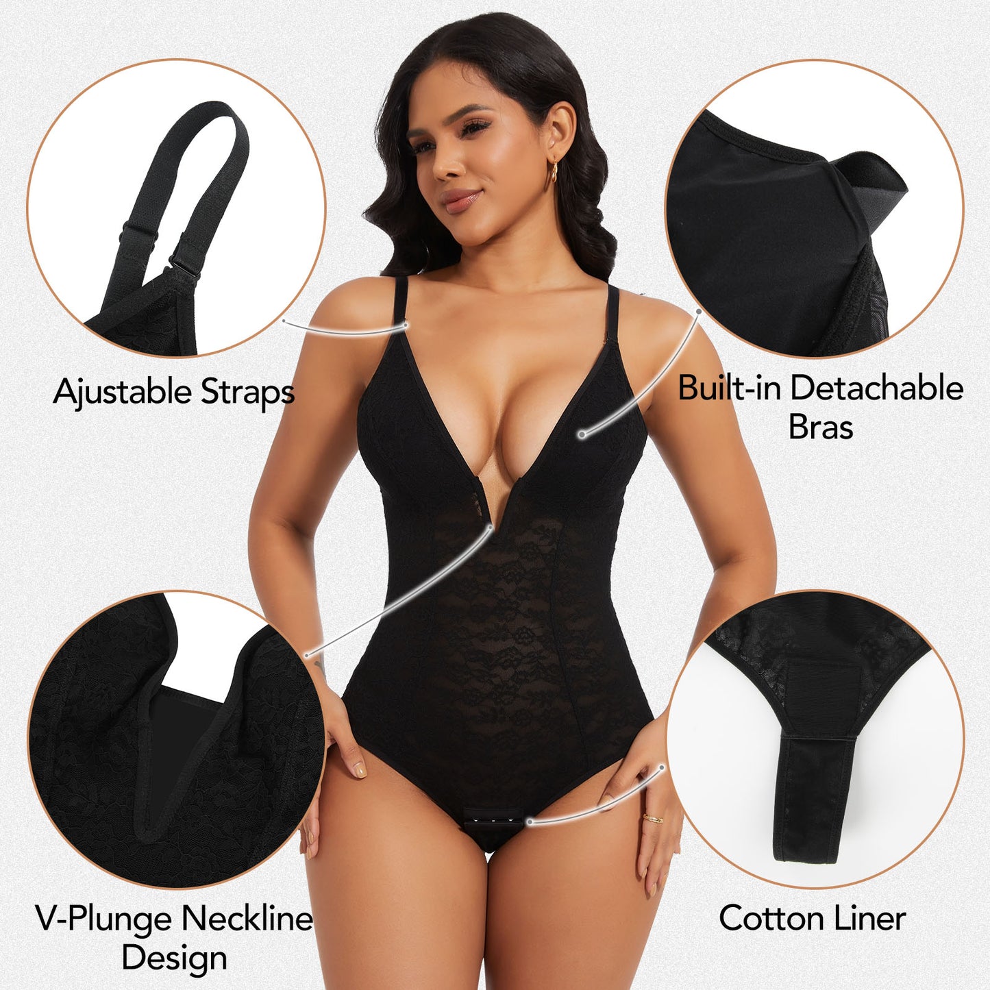 Shaperin Lace Bodysuit Deep V Shapewear Thong