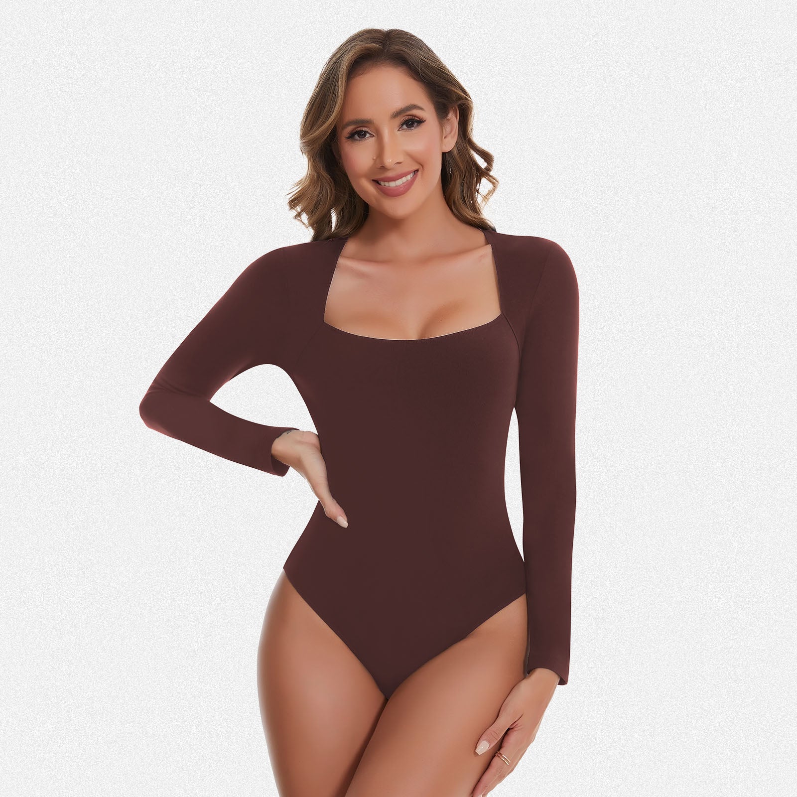 Shaperin Long Sleeve Curved Square Neck Bodysuit Top