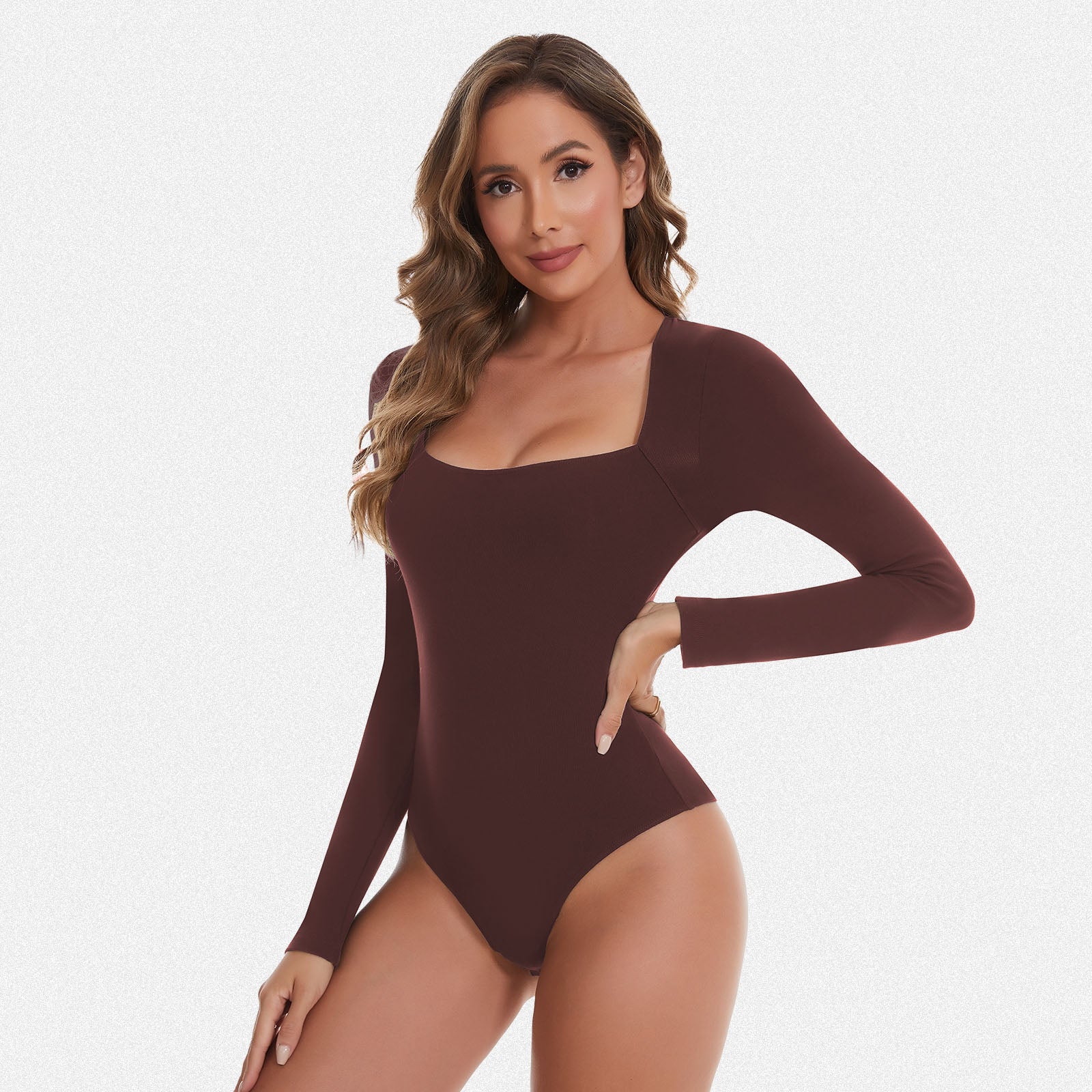 Shaperin Long Sleeve Curved Square Neck Bodysuit Top