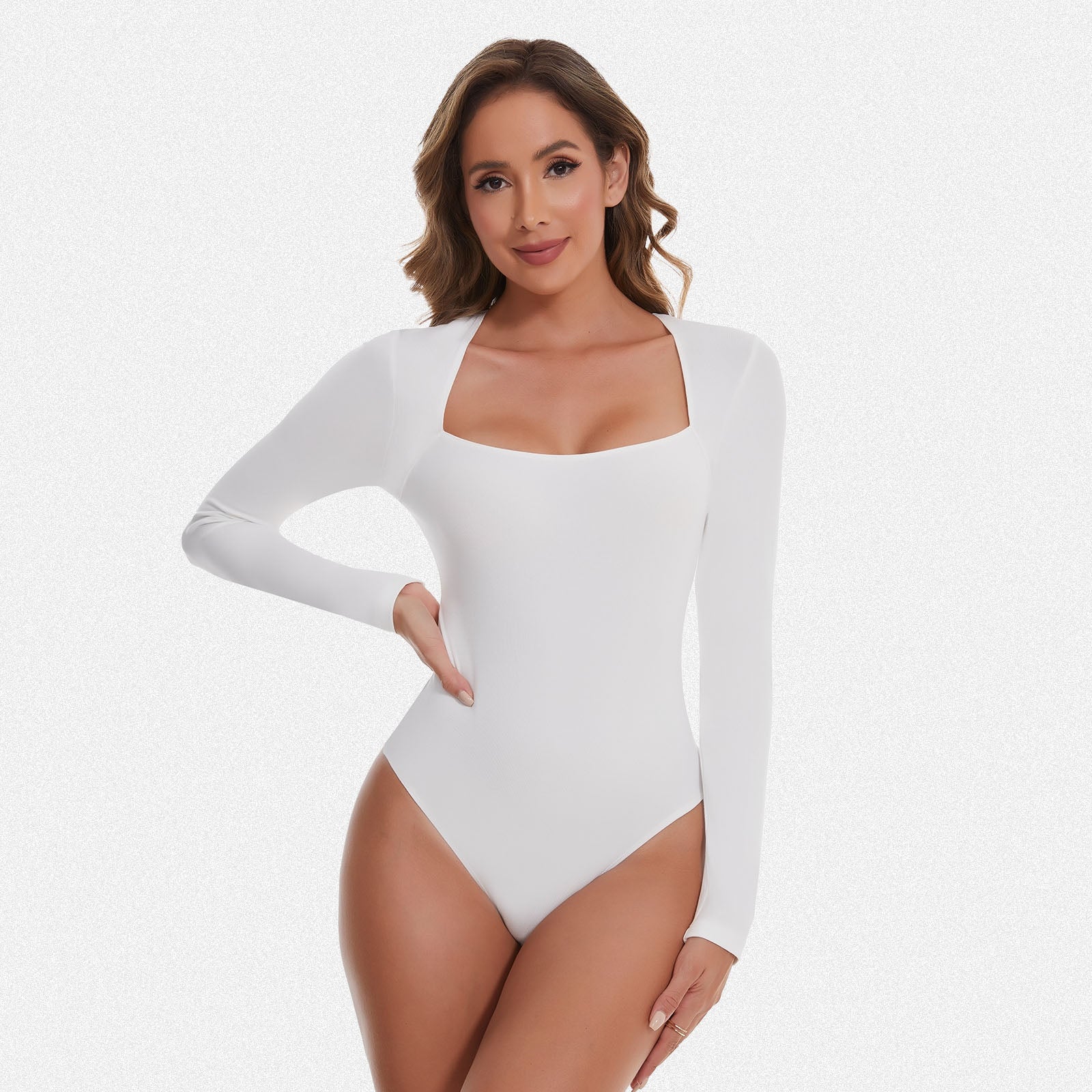 Shaperin Long Sleeve Curved Square Neck Bodysuit Top