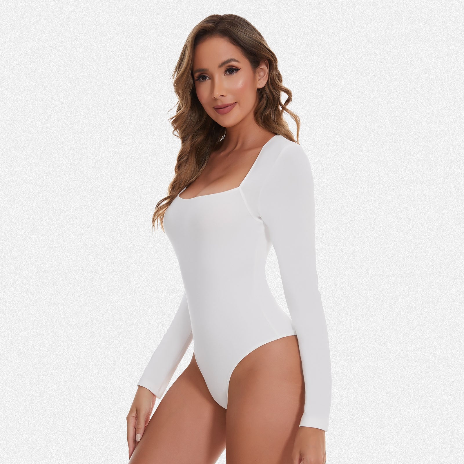 Shaperin Long Sleeve Curved Square Neck Bodysuit Top