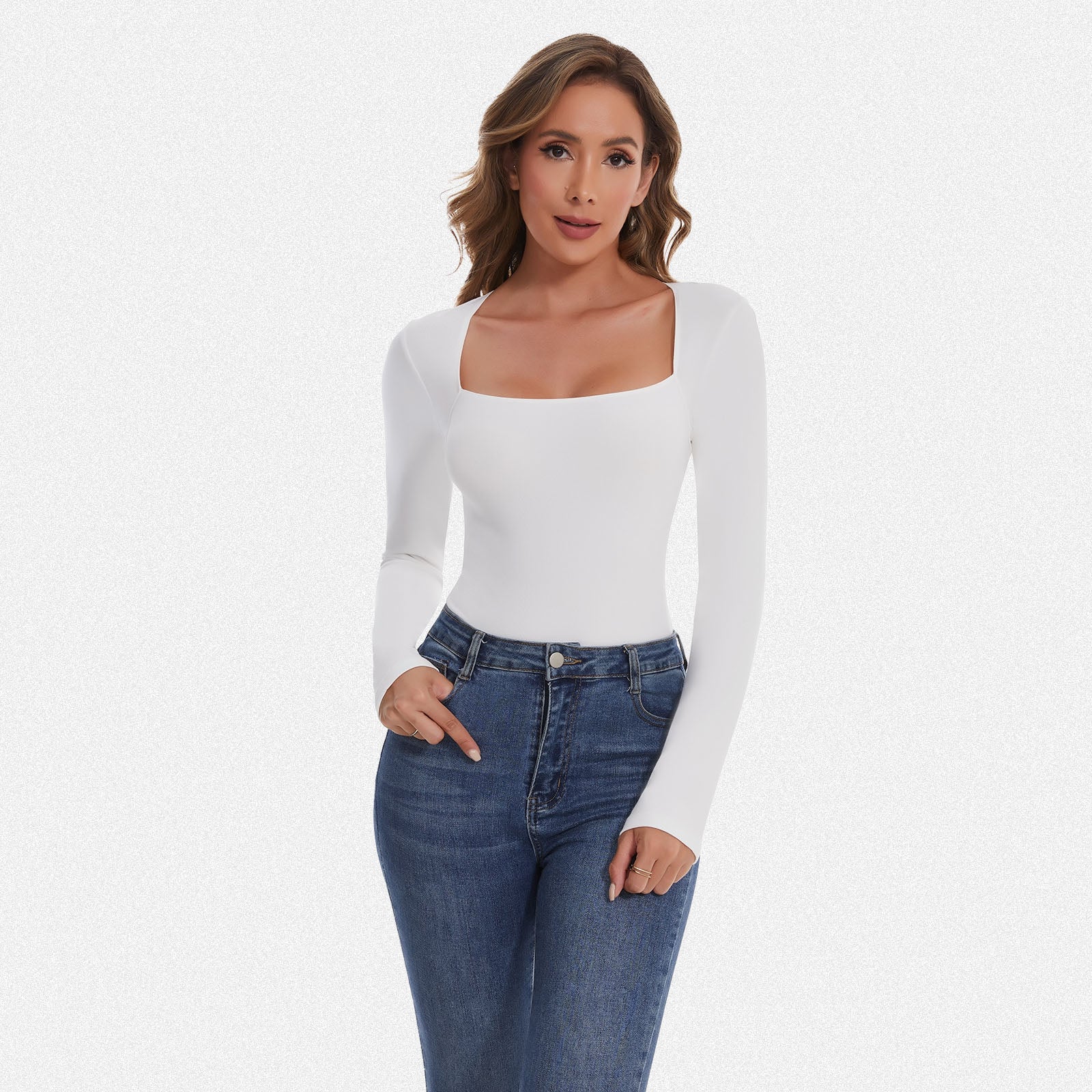 Shaperin Long Sleeve Curved Square Neck Bodysuit Top