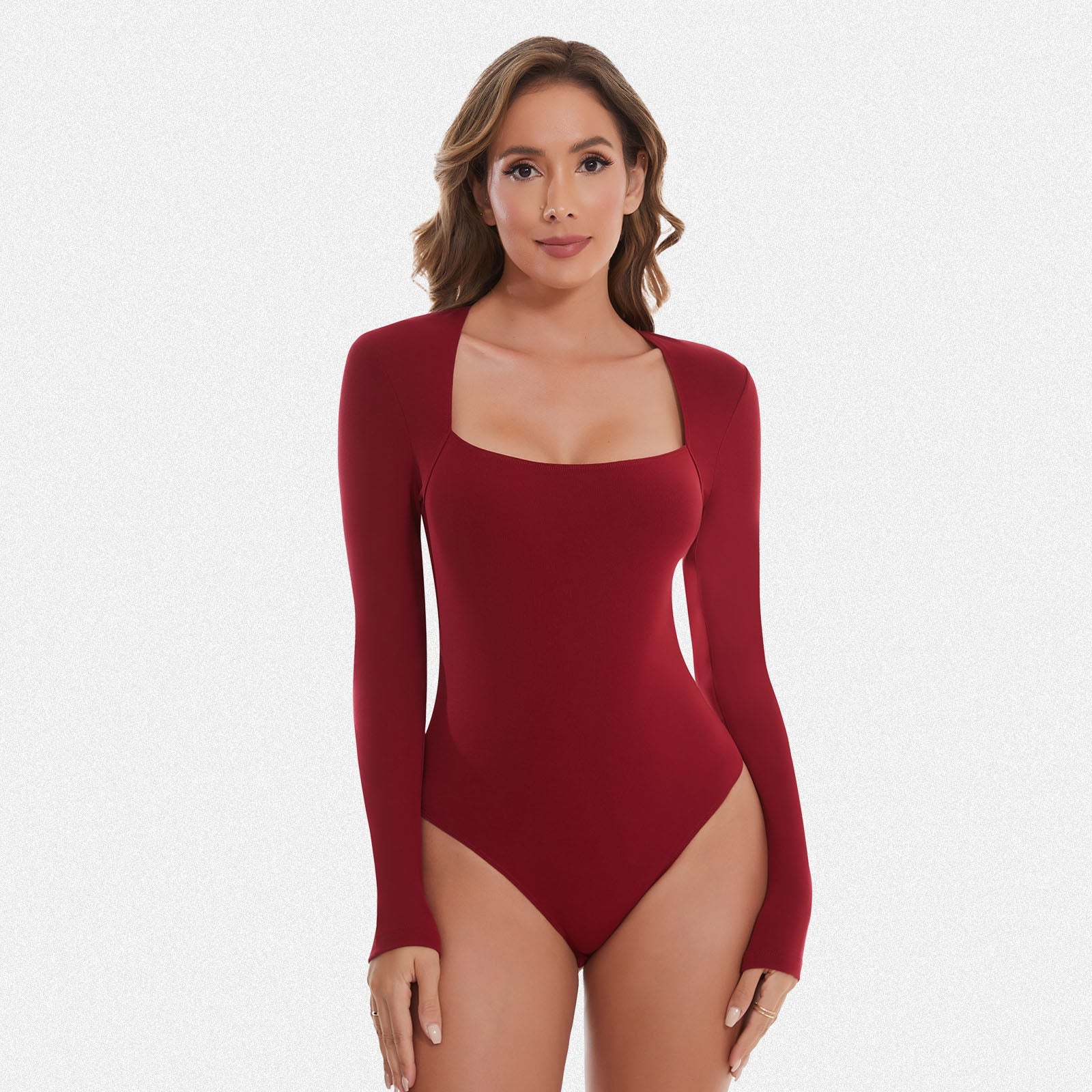 Shaperin Long Sleeve Curved Square Neck Bodysuit Top