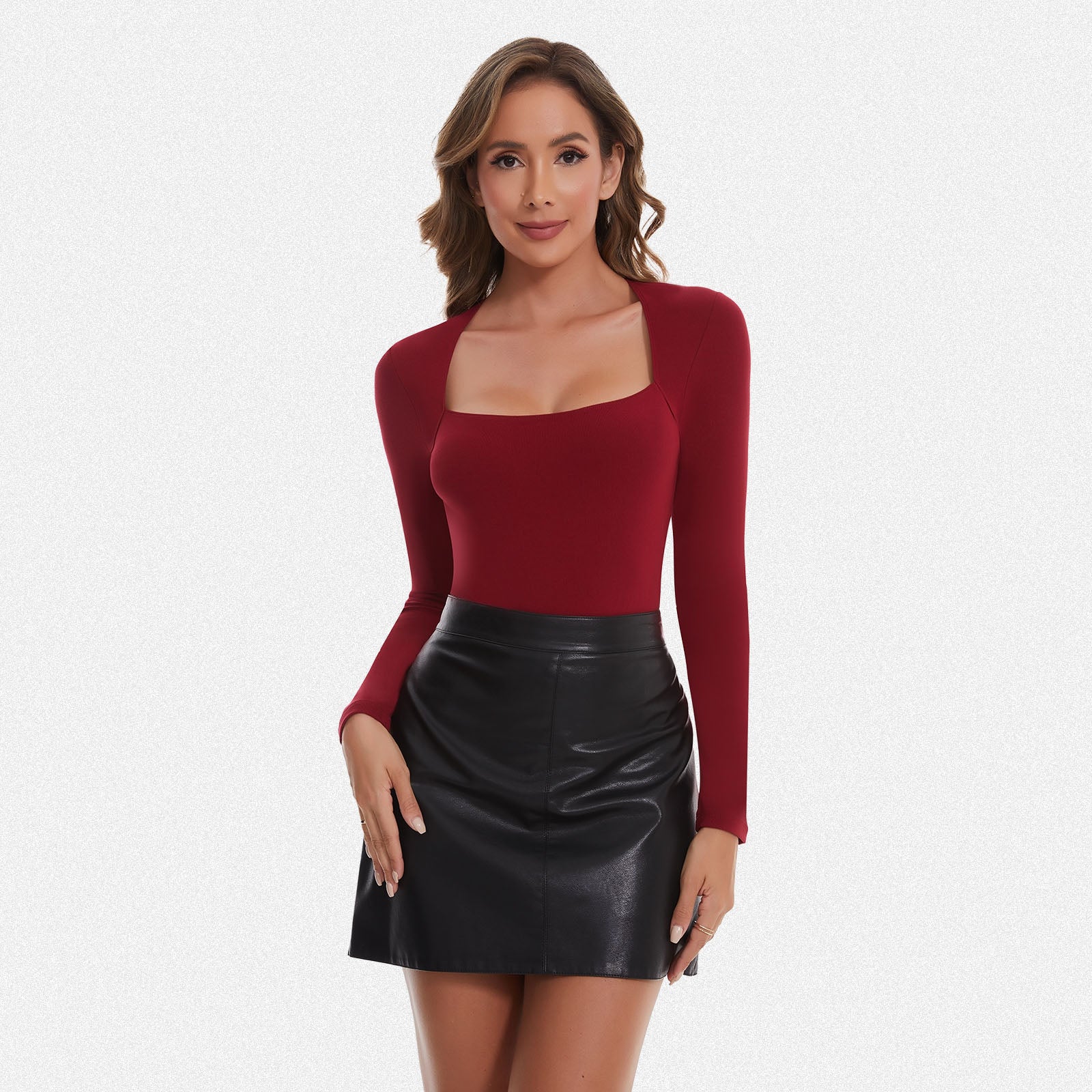 Shaperin Long Sleeve Curved Square Neck Bodysuit Top