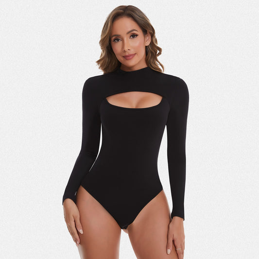 Shaperin Long Sleeve Cut Out Front Bodysuit Top