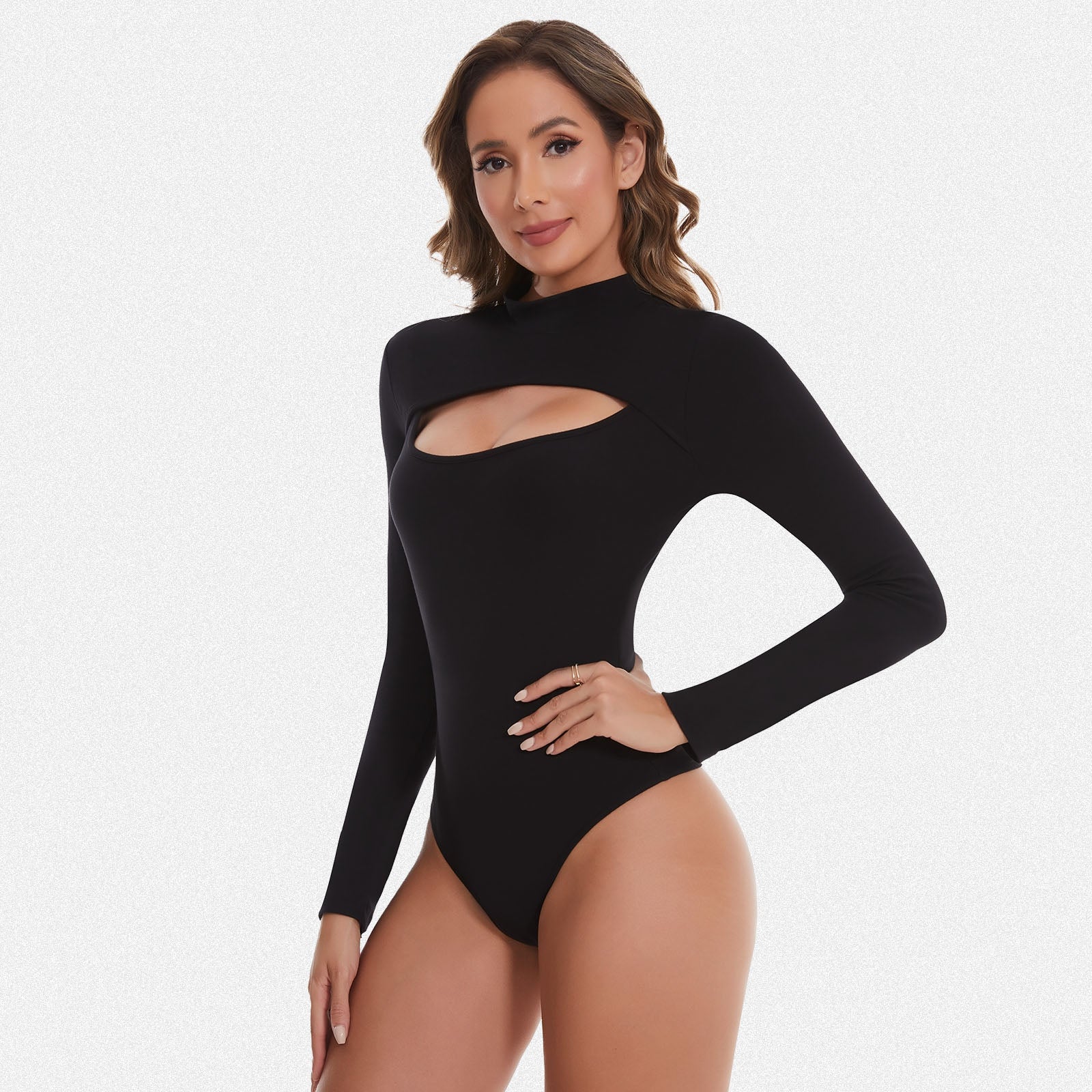 Shaperin Long Sleeve Cut Out Front Bodysuit Top