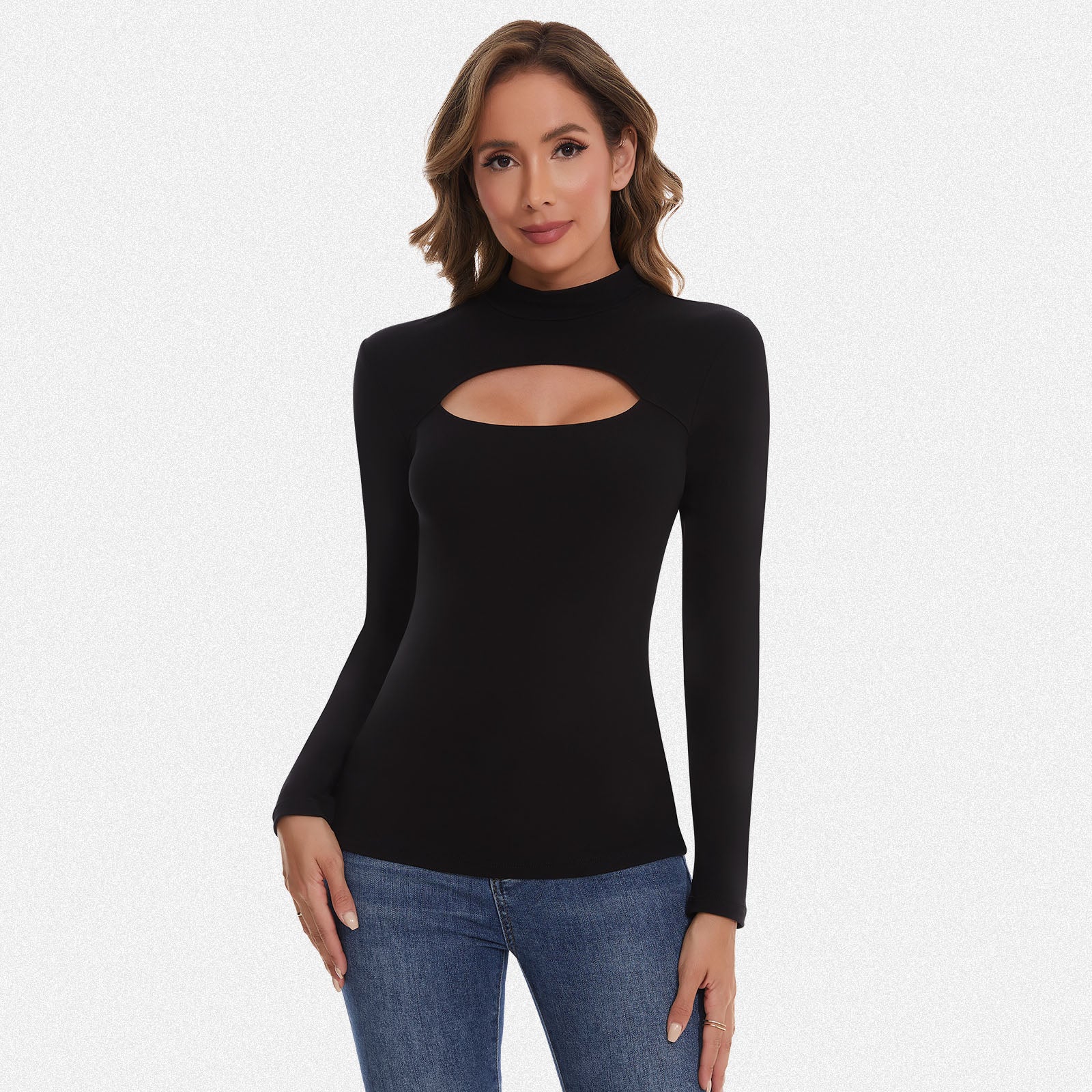 Shaperin Long Sleeve Cutout Mock Turtleneck Slim Fit Top