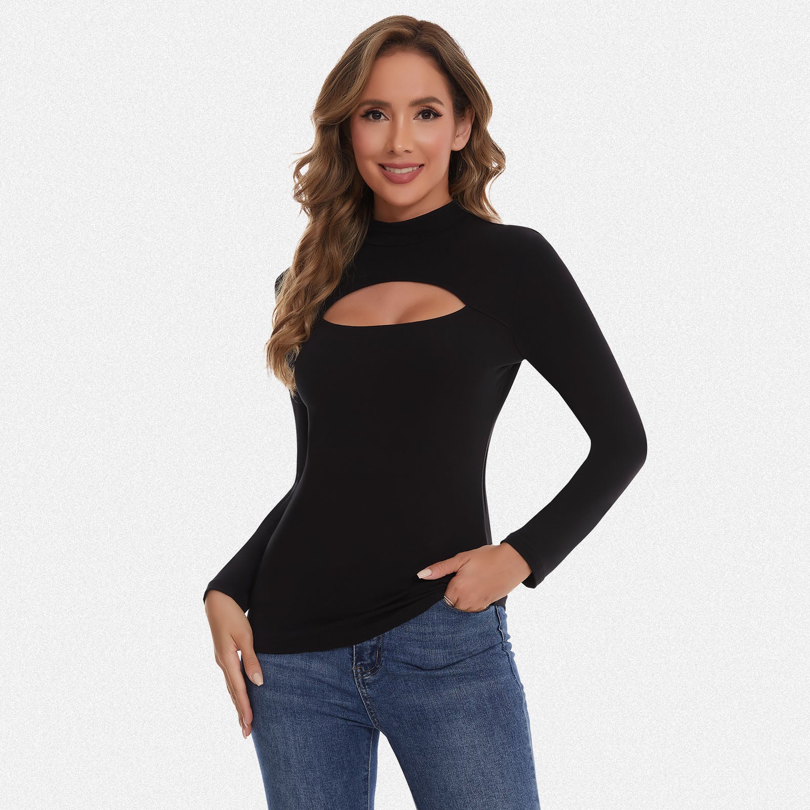 Shaperin Long Sleeve Cutout Mock Turtleneck Slim Fit Top