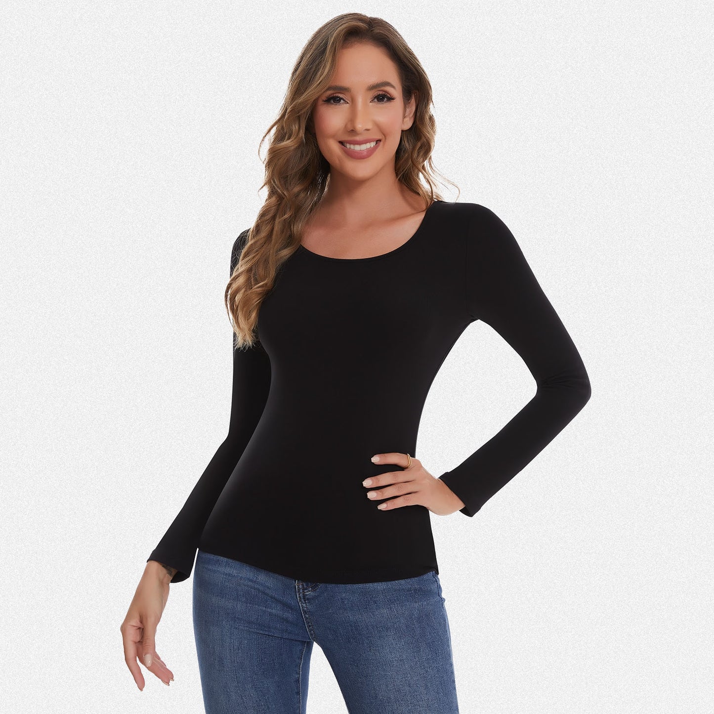 Shaperin Long Sleeve Scoop Neck Basic Slim Fit Top