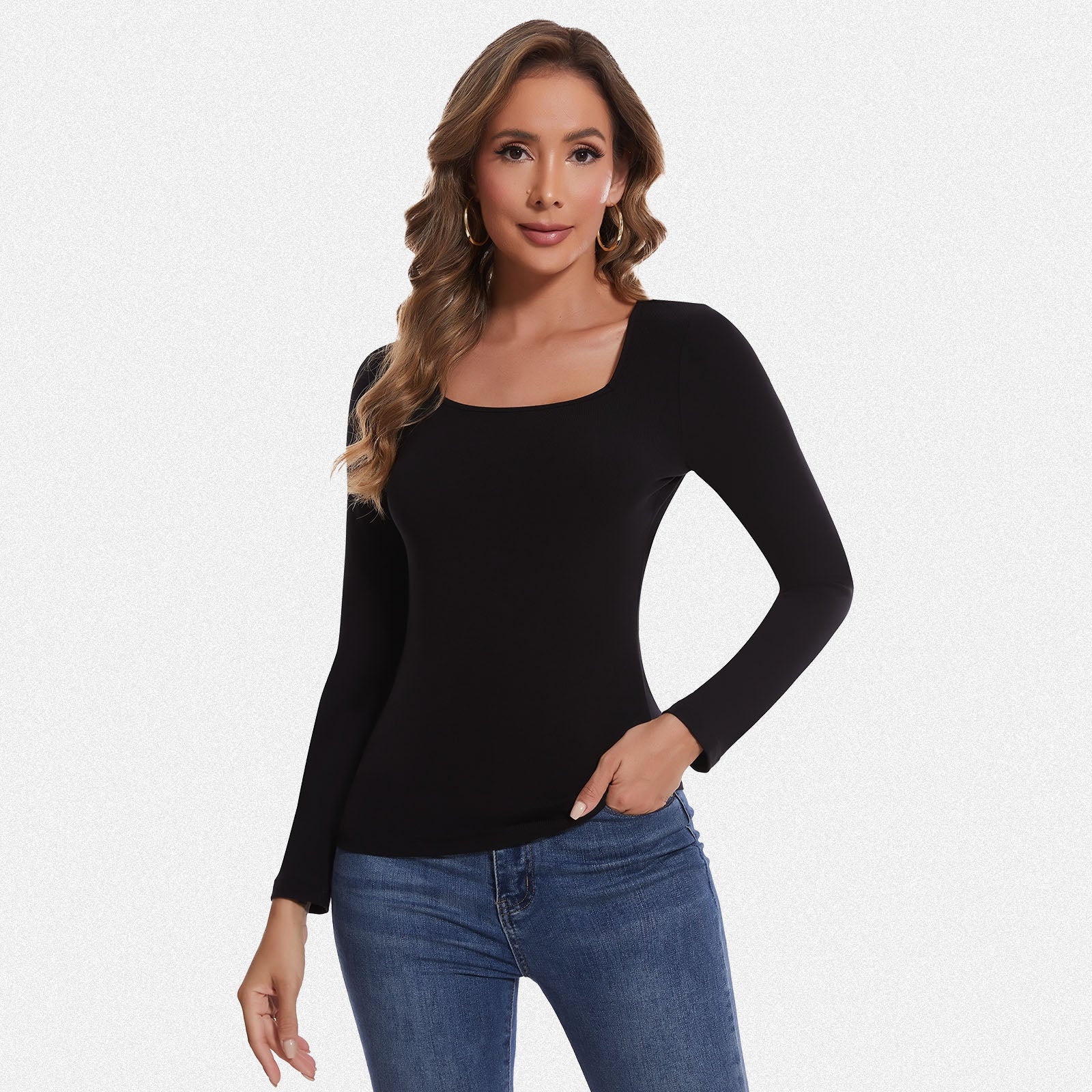 Shaperin Long Sleeve Square Neck Basic Slim Fit Top