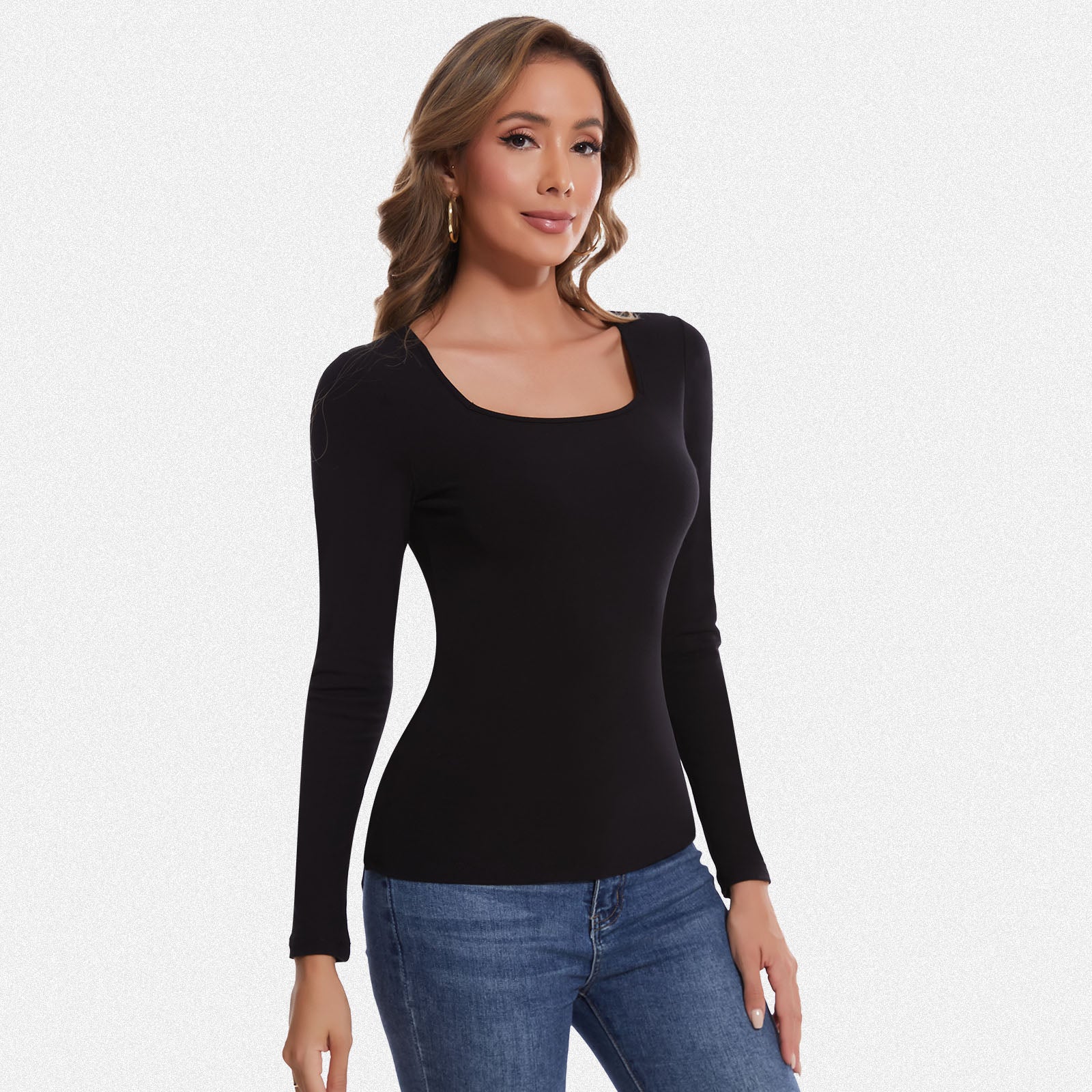 Shaperin Long Sleeve Square Neck Basic Slim Fit Top