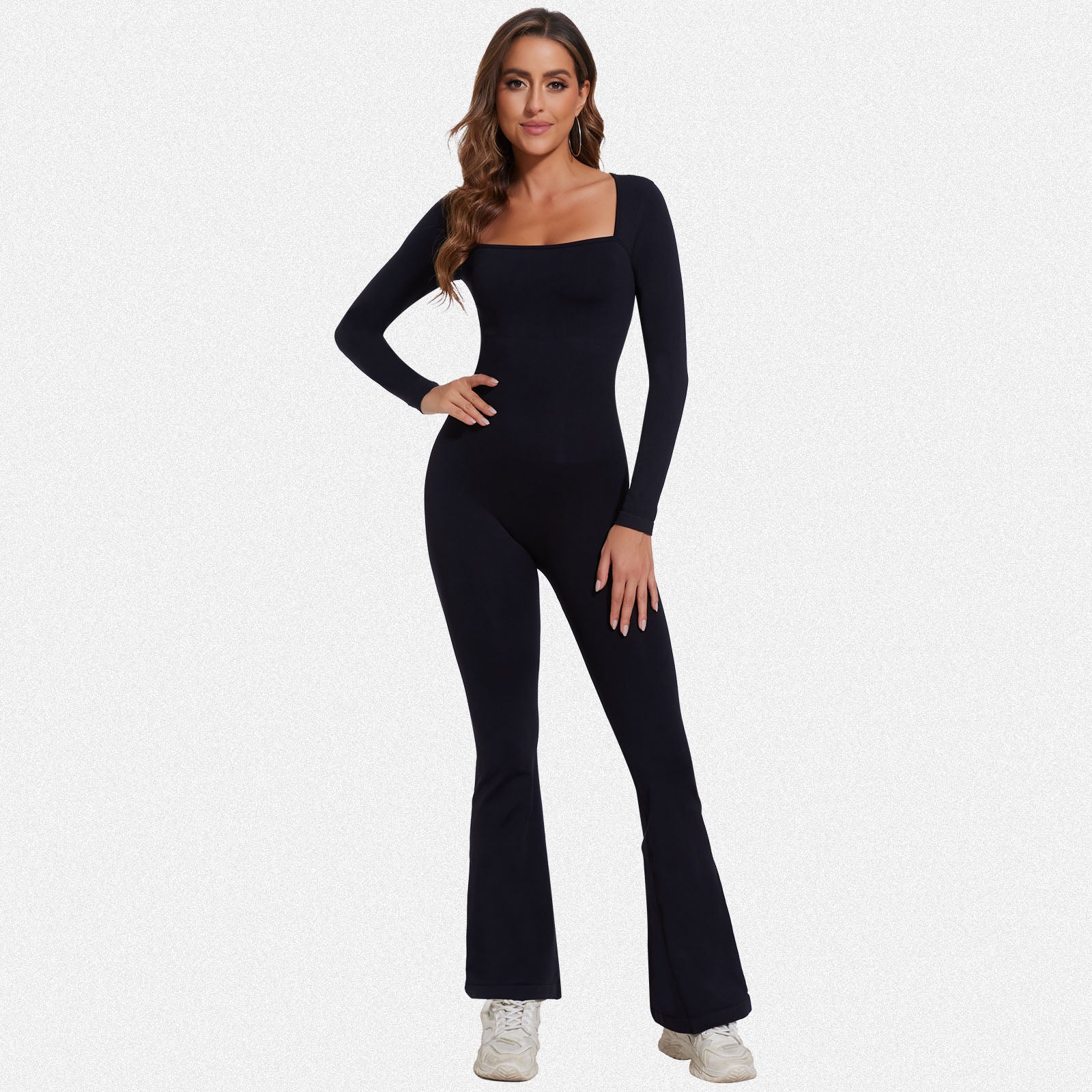 Shaperin Long Sleeve Suqare Neck Flared Leggings Workout Unitard Jumpsuit