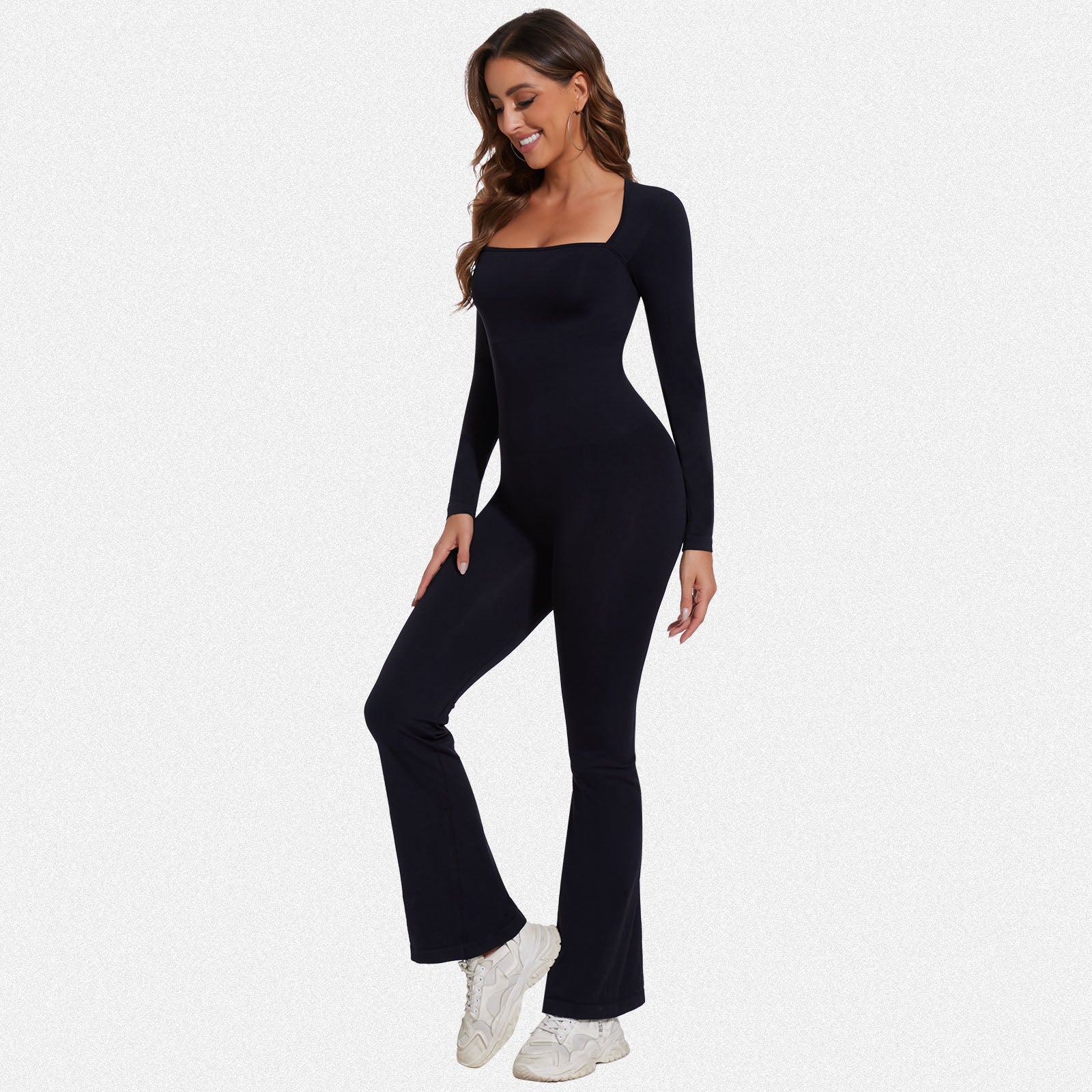 Shaperin Long Sleeve Suqare Neck Flared Leggings Workout Unitard Jumpsuit